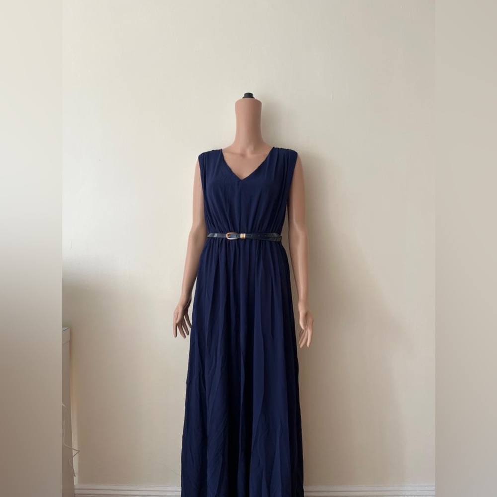 Brand new women’s v-neck ruched waist long maxi evening blue dress with belt, L